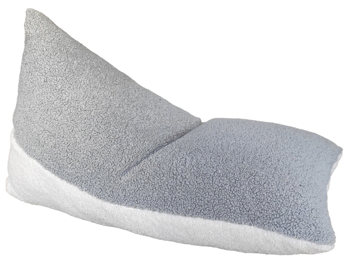 Angled view of two-tone cream and gray sherpa bean bag lounger