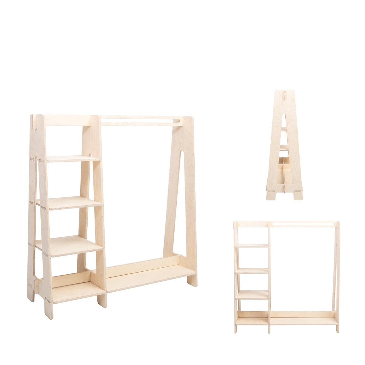 Assembly view of natural wood Montessori wardrobe showing individual frame and shelf pieces