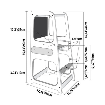 Montessori kitchen tower dimensions diagram showing measurements and safe counter-height design