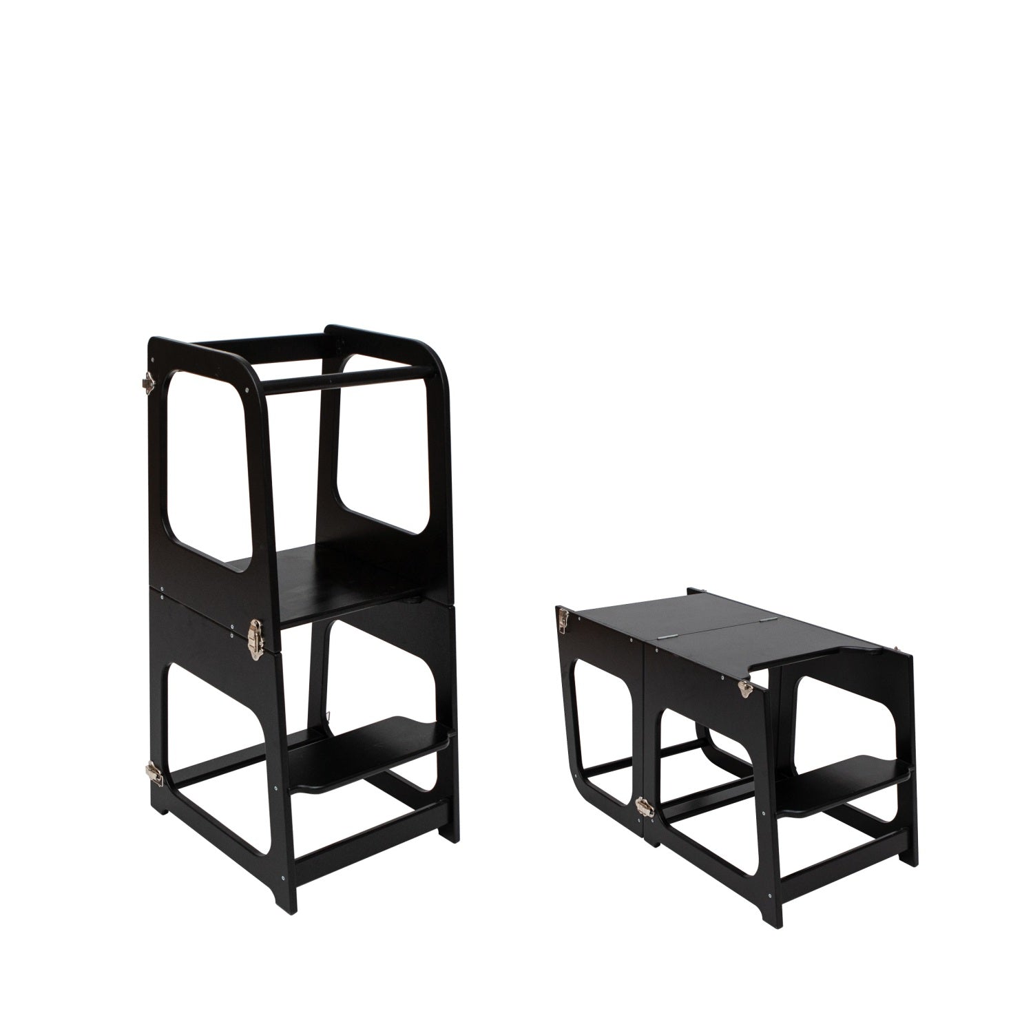 Black kitchen tower and table configuration showing transformation from tower to table