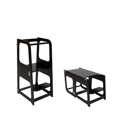 Black kitchen tower and table configuration showing transformation from tower to table