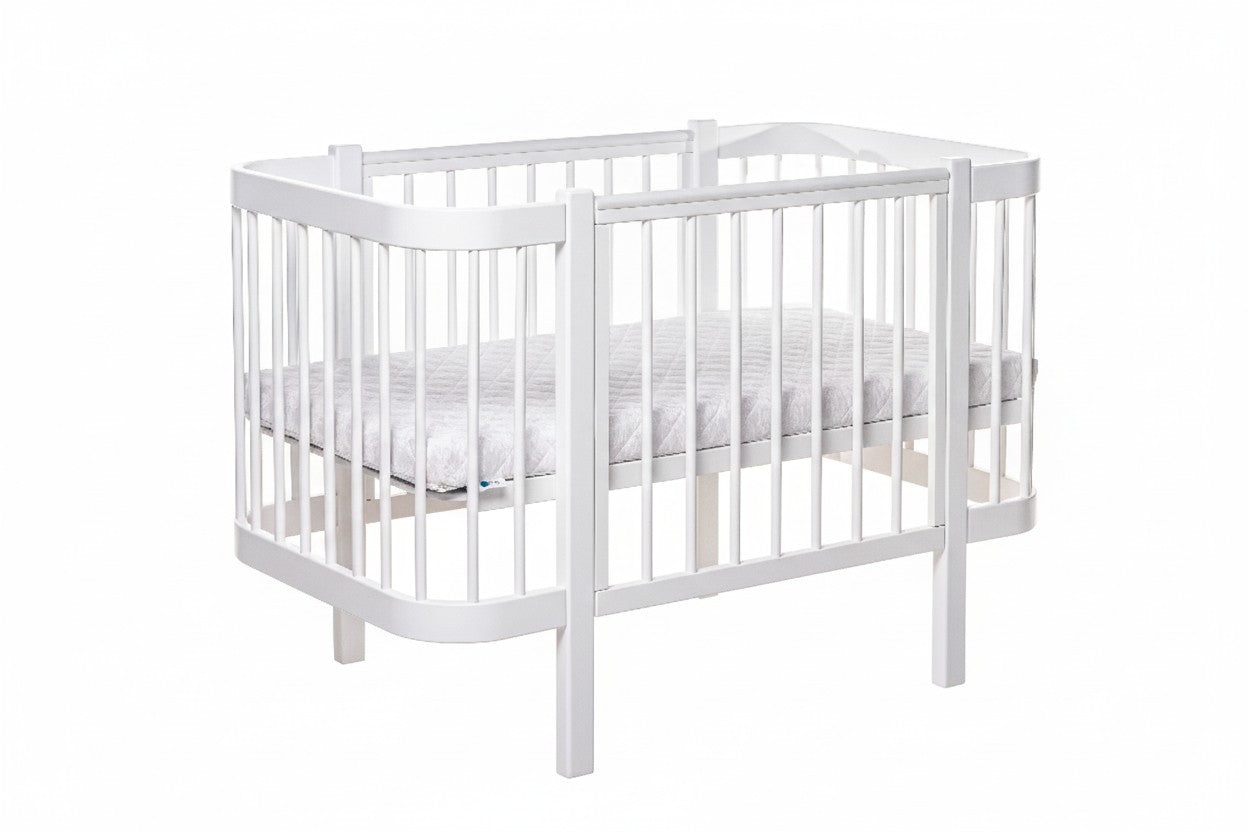 KOTTO Baby Crib ELIN with Mattress White Beechwood Bundle – front view white beechwood crib | Nestling
