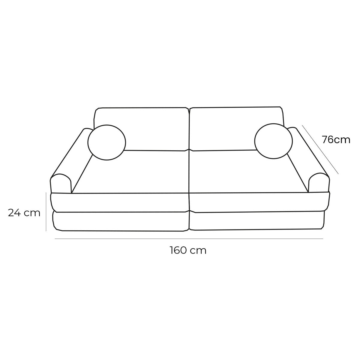 Modular sofa dimensions diagram showing 160cm width, 76cm height, and 24cm depth