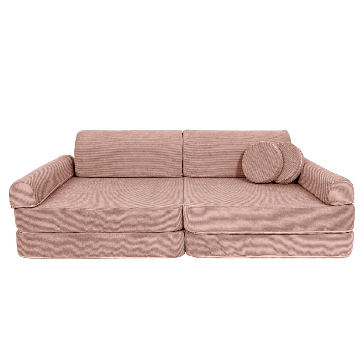 Pink modular kids sofa with extended seat cushion and round side pillow accent