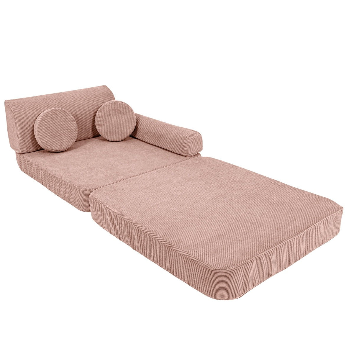 Pink modular sofa converted to bed with backrest pillows and round cushions