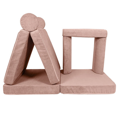 Pink modular sofa pieces including tent frame, square play tunnel, and base platform
