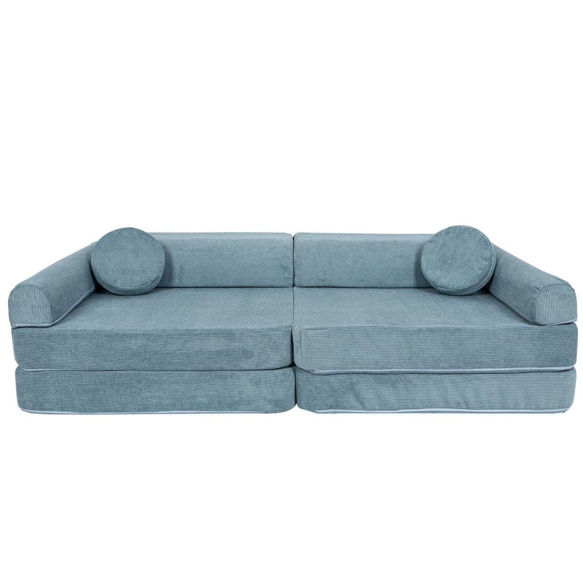 MeowBaby modular sofa in turquoise slimcord, front view with two cylindrical pillows
