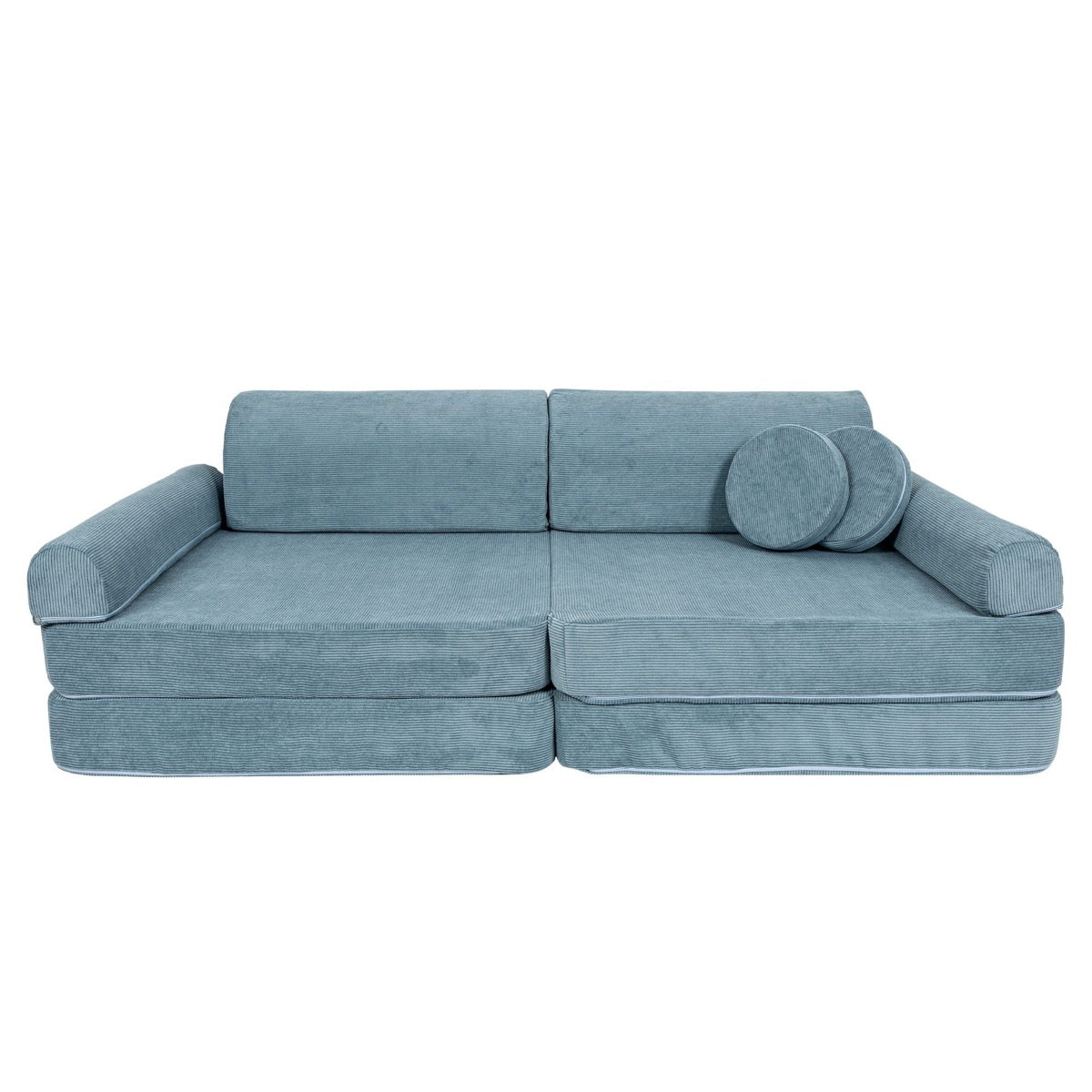 MeowBaby turquoise modular sofa side angle showing one cylindrical pillow and armrests