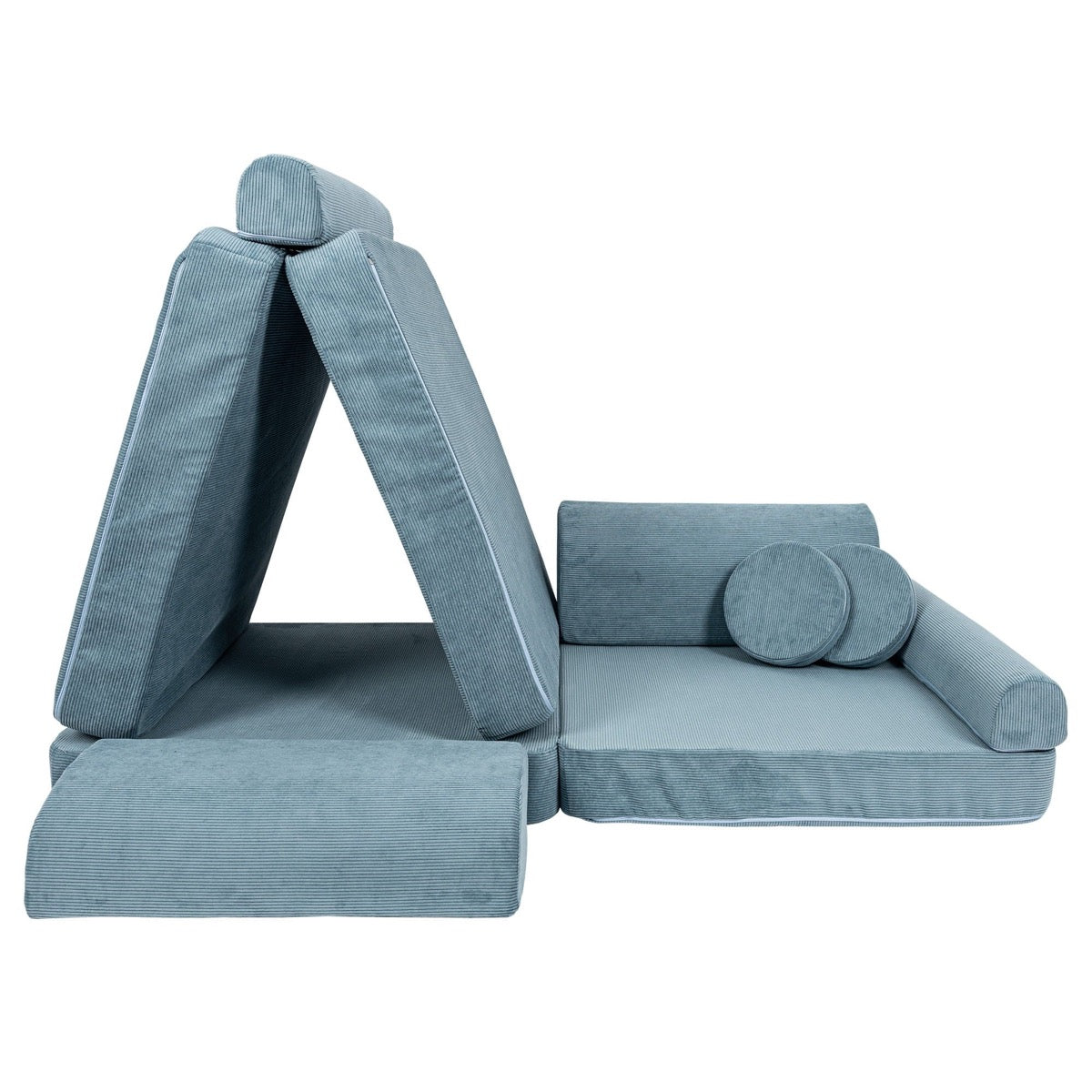 MeowBaby modular sofa pieces arranged as tent and chaise, demonstrating reconfigurable design