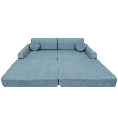 MeowBaby modular sofa from above showing flat bed configuration with two pillows