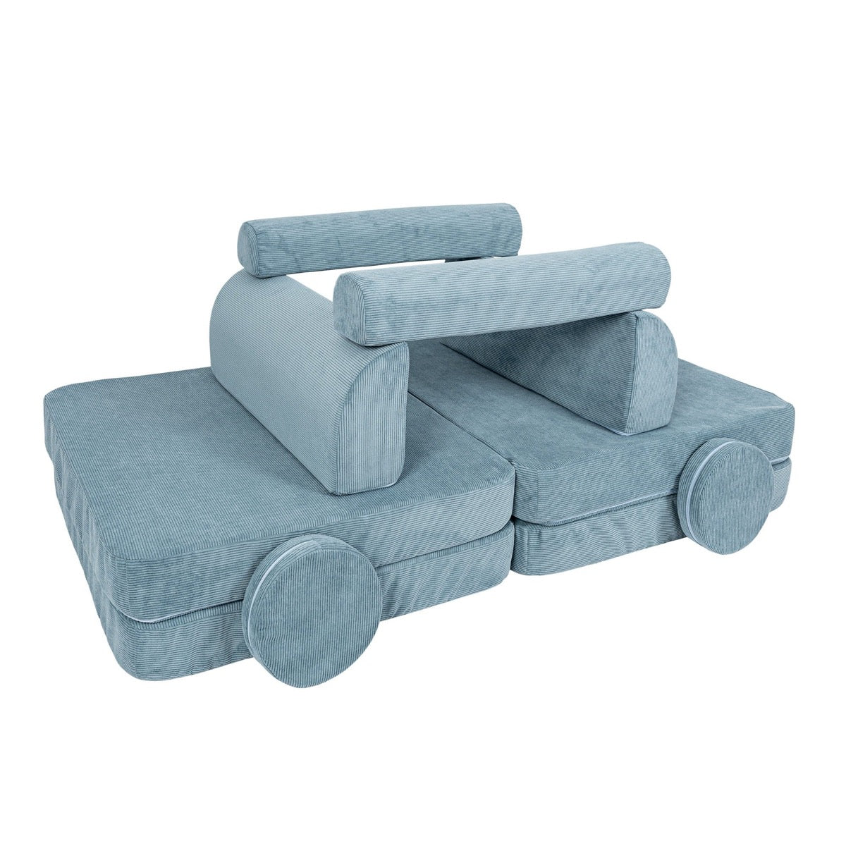 MeowBaby modular sofa components with wheels attached, displaying play and mobility features