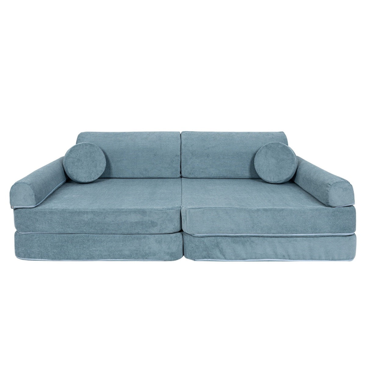 MeowBaby turquoise modular sofa front view with armrests and two round pillows