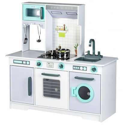 Front view of white wooden play kitchen with turquoise microwave, oven, cabinet and sink unit