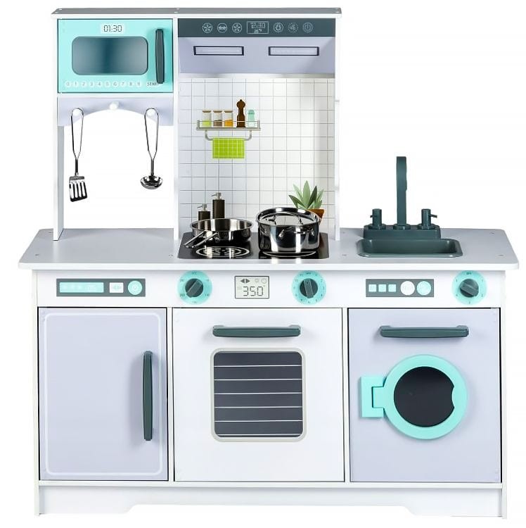 Wooden play kitchen with all features displayed including microwave, oven, washing machine and sink