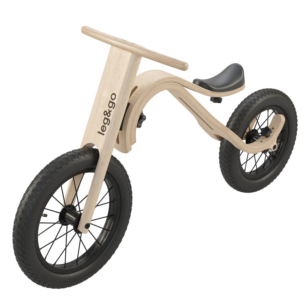 Beige leg&go Balance Bike 3in1 – wooden kids balance bike, side view on white background