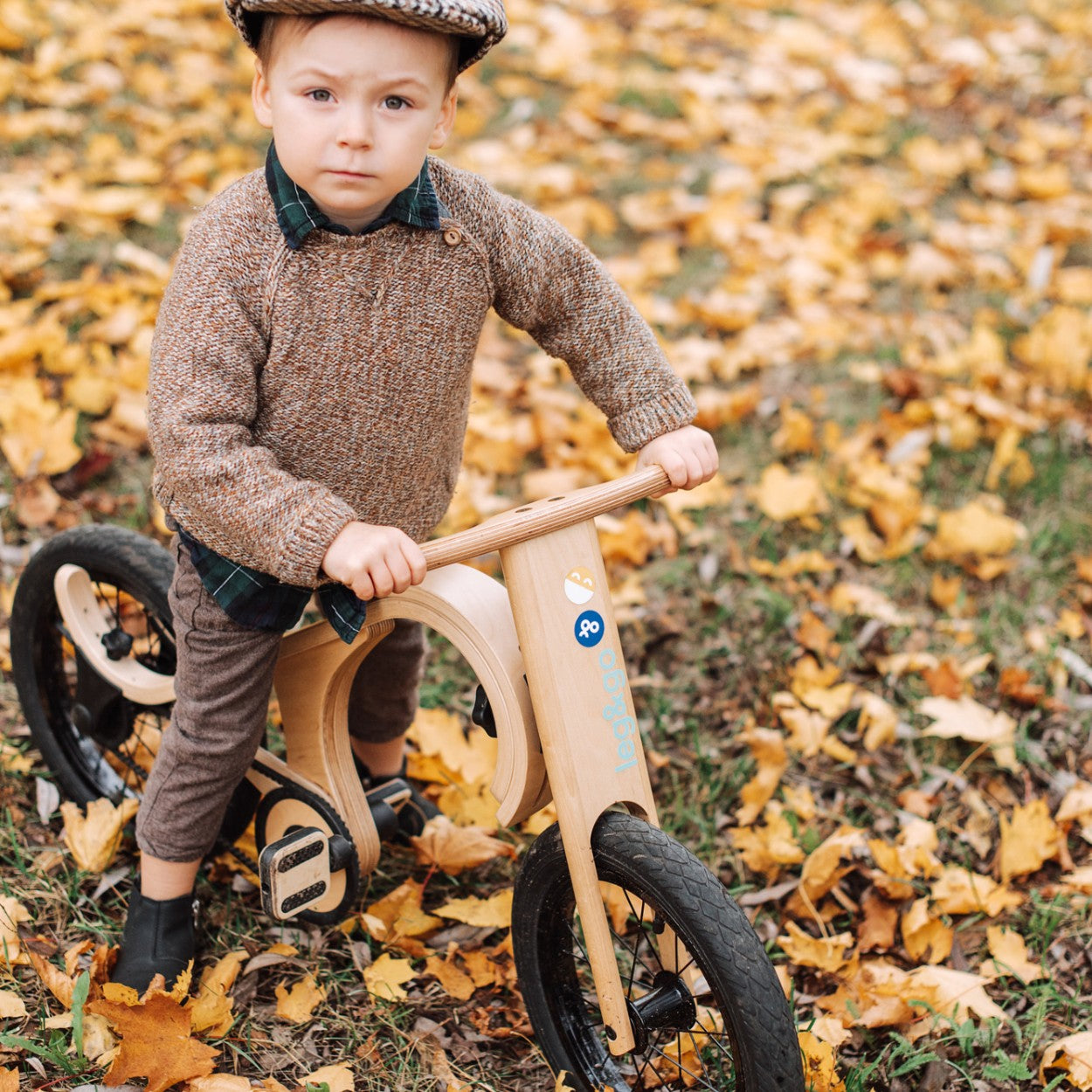 Young boy pedaling leg&go bike with wooden frame among autumn leaves