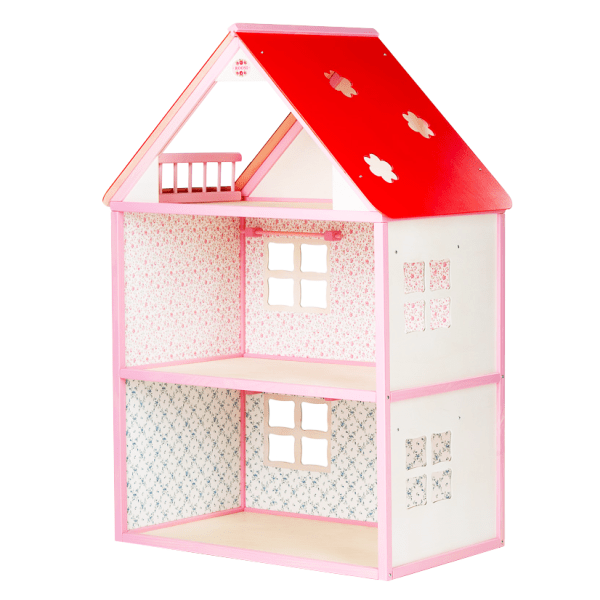 Empty pink wooden dollhouse showing two interior floors with patterned wallpaper and windows