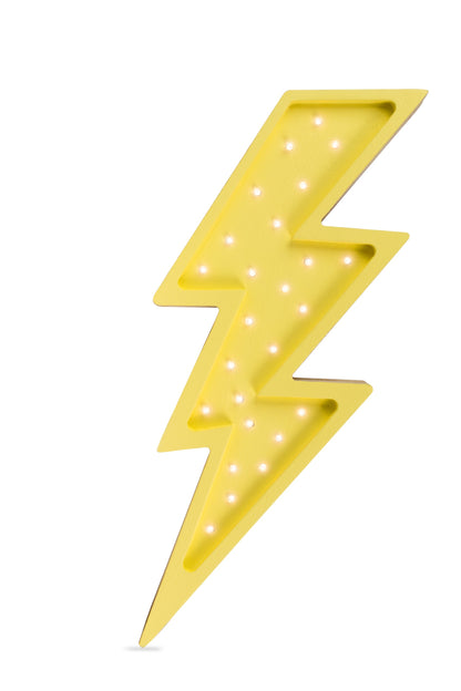 Yellow bolt-shaped LED lamp with warm white lights, front view