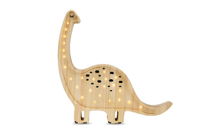 Front view of wooden diplodocus lamp showing long neck with LED lights and spotted body against white background