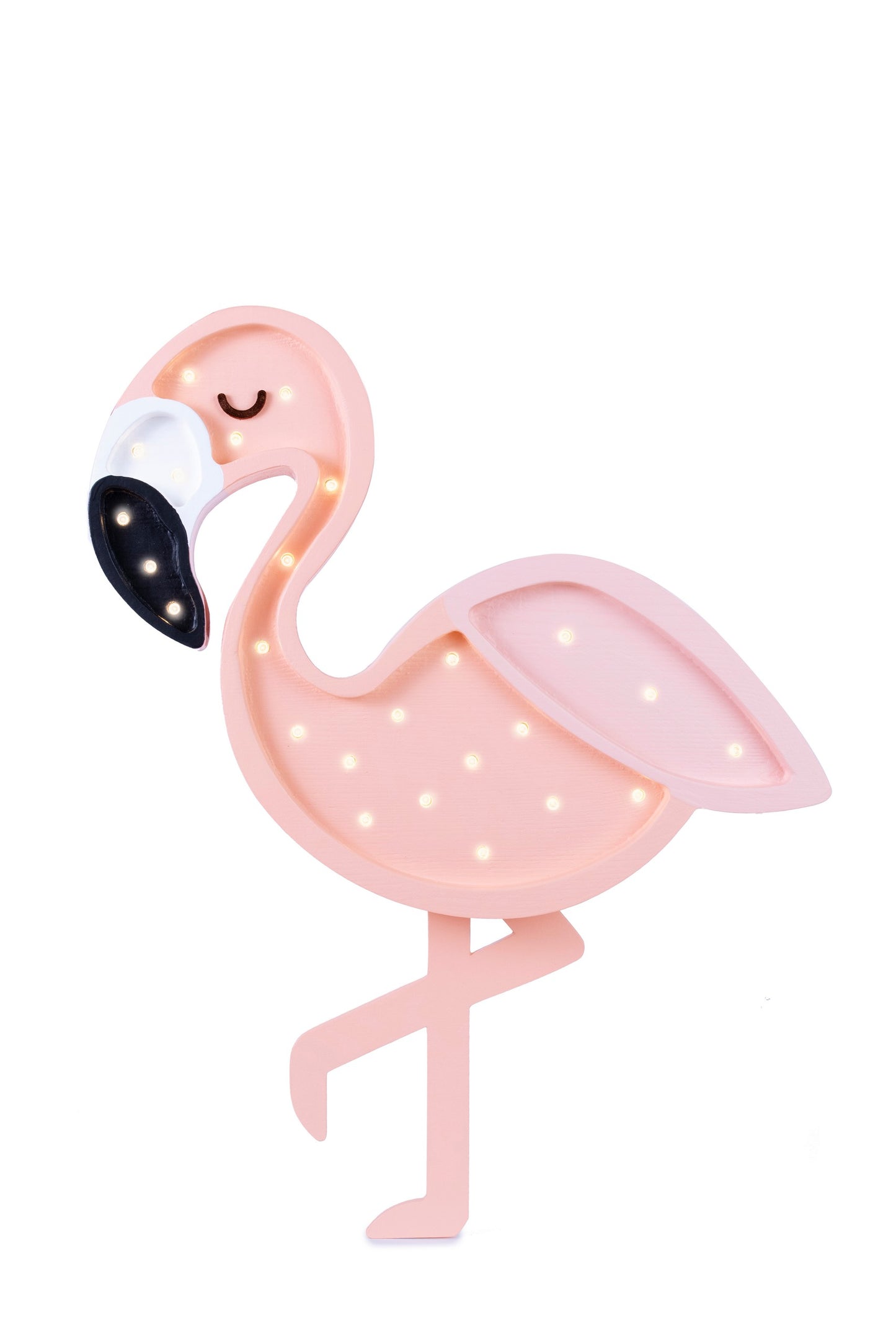 Close-up front view of coral pink flamingo lamp showing LED lights and smiling face design
