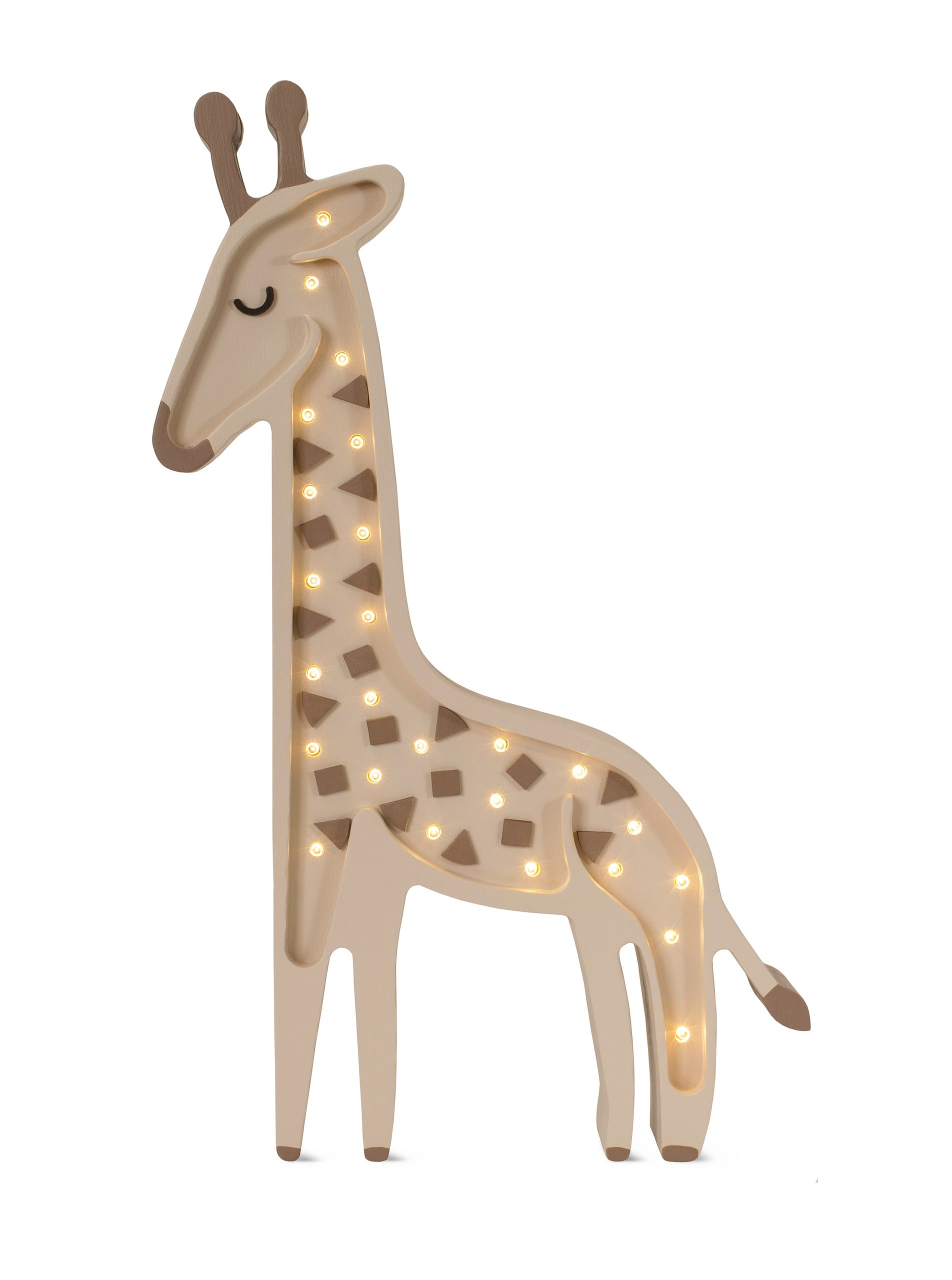 Beige wooden giraffe lamp with warm white LED lights showing pattern detail
