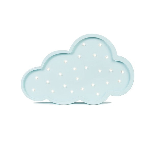 Light blue cloud lamp with warm white LED lights shown from product view angle