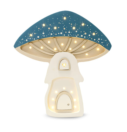 Little Lights mushroom lamp with dark blue cap and warm white LED lights glowing