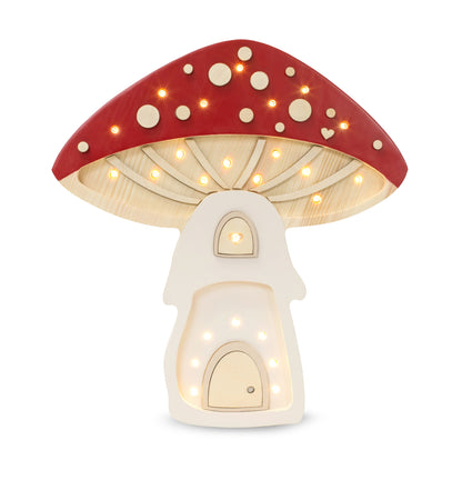 Mushroom lamp with deep red cap and warm white LED lights lit for children's room
