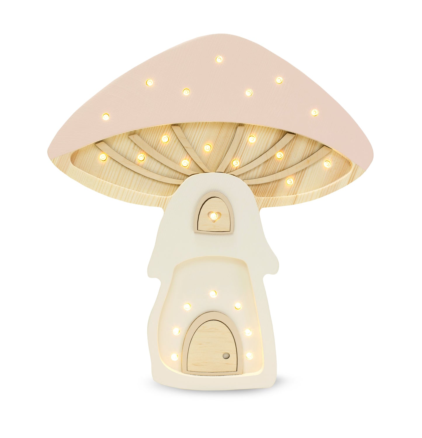 Mushroom lamp with soft pink cap and warm white LED lights illuminated