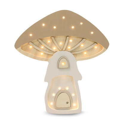 Mushroom lamp with gray-beige cap and warm white LED lights glowing brightly