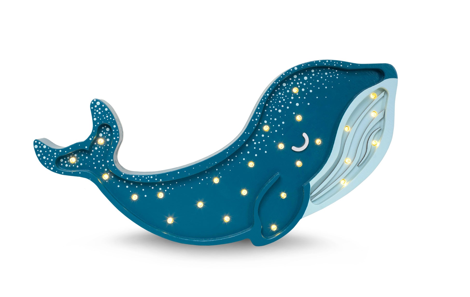Dark teal whale lamp with constellation pattern, warm white LED lights and crescent moon design