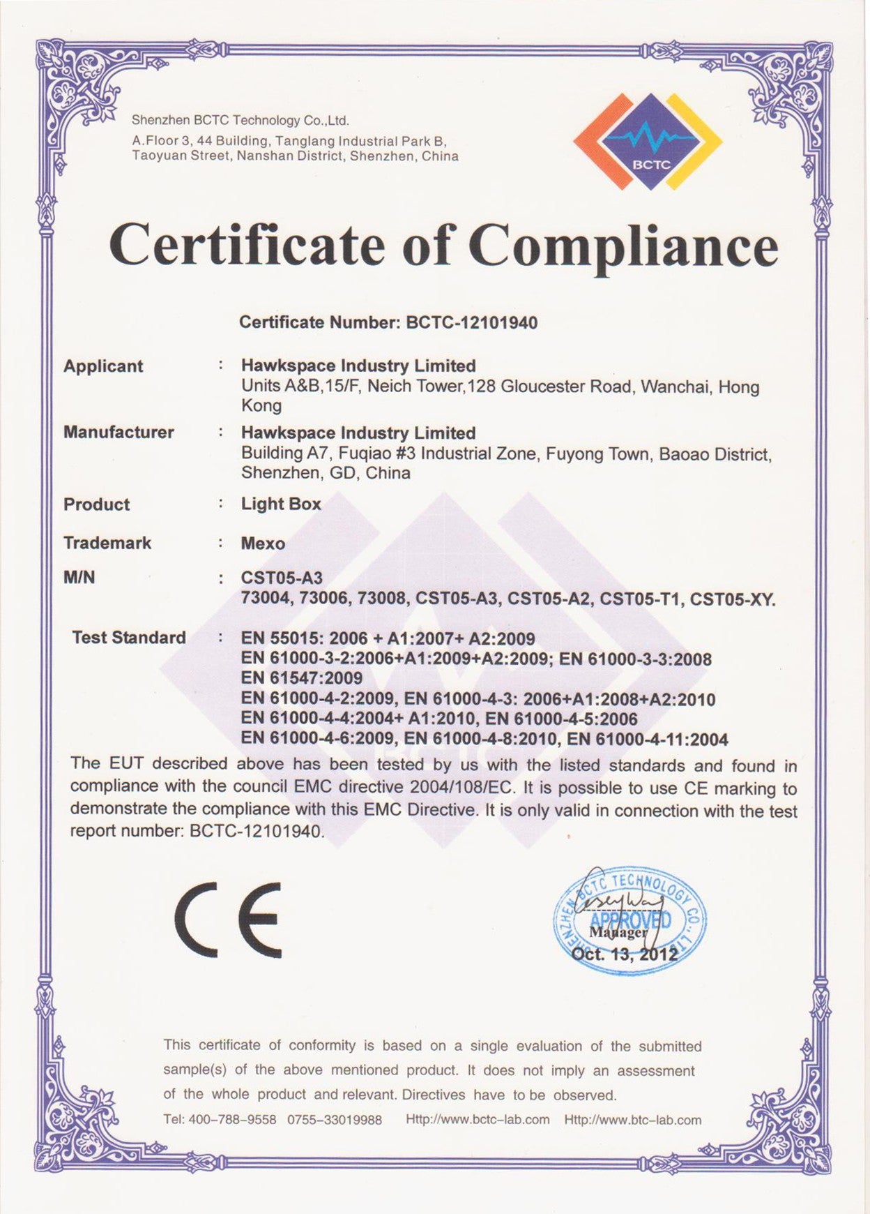 Certificate of Compliance for LUULA light box product