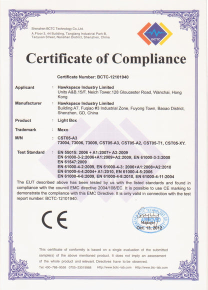Certificate of Compliance for LUULA light box product