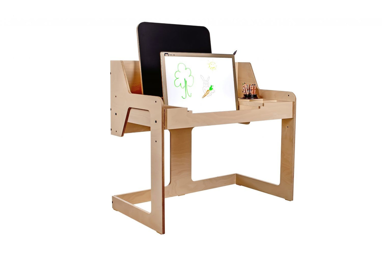 LUULA light board displayed on wooden stand with storage compartments