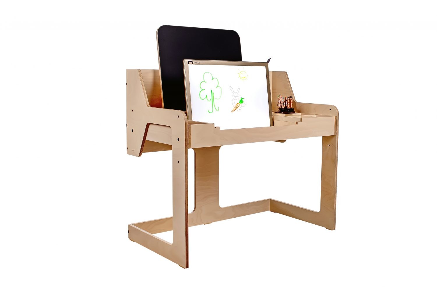 LUULA light board displayed on wooden stand with storage compartments