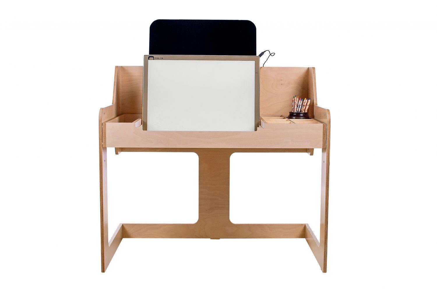Front view of LUULA light board on wooden desk stand with shelving