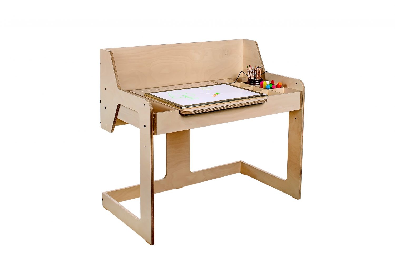 LUULA light board on wooden stand with pen holder and side storage
