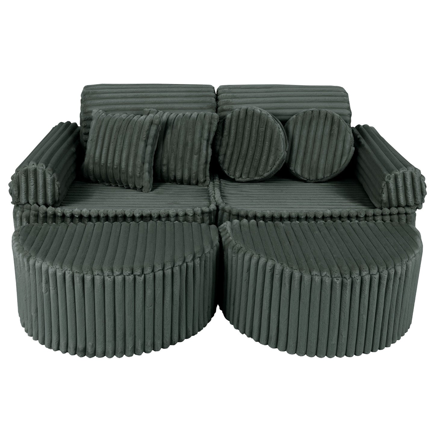 Forest green modular kids sofa with ribbed corduroy texture and round ottoman poufs, showing adjustable seating configuration
