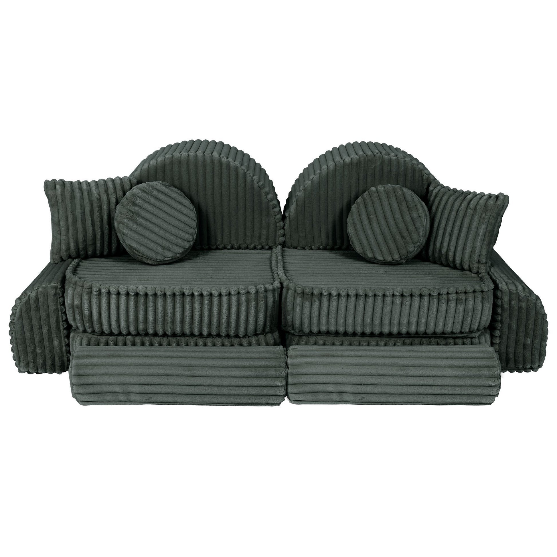 Forest green kids sofa front view with rounded armrests, cushions and cylindrical bolsters