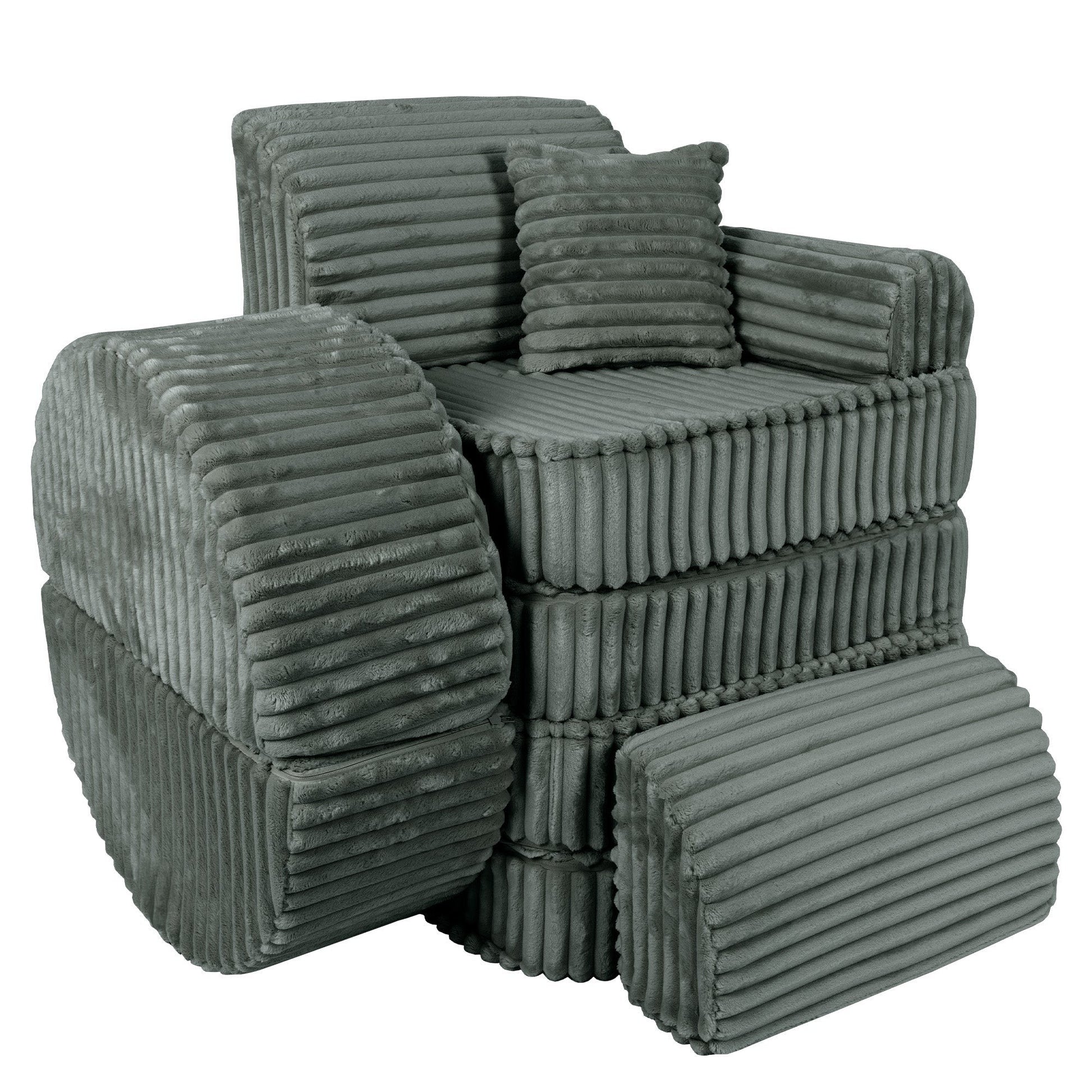Forest green corduroy kids sofa assembled as compact chair with stacked cushions and armrests