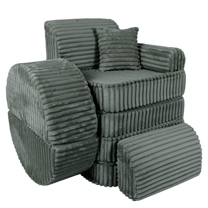 Forest green corduroy kids sofa assembled as compact chair with stacked cushions and armrests