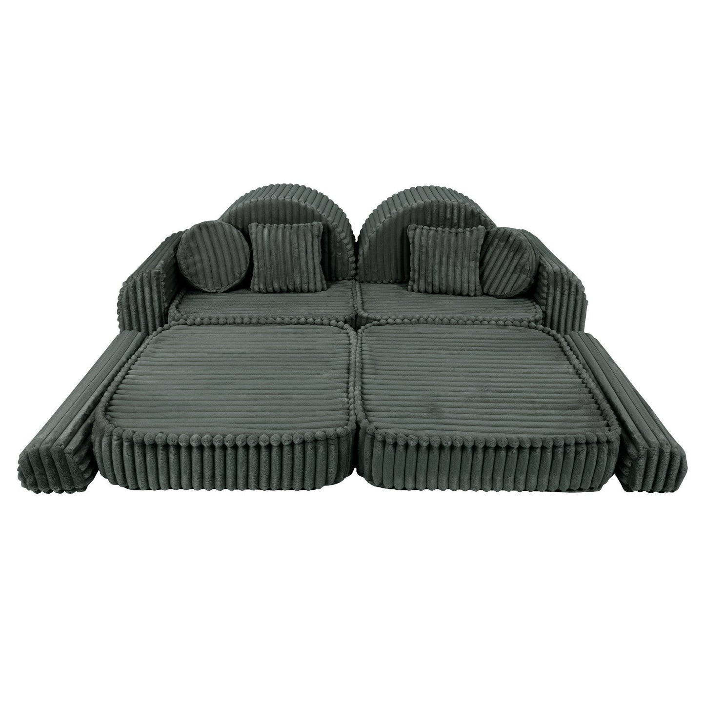 Forest green modular sofa front view with two cushioned seats, pillows and curved design
