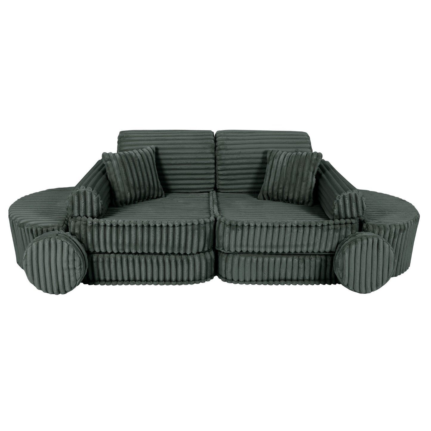 Forest green kids sofa side angle showing textured fabric and customizable layout