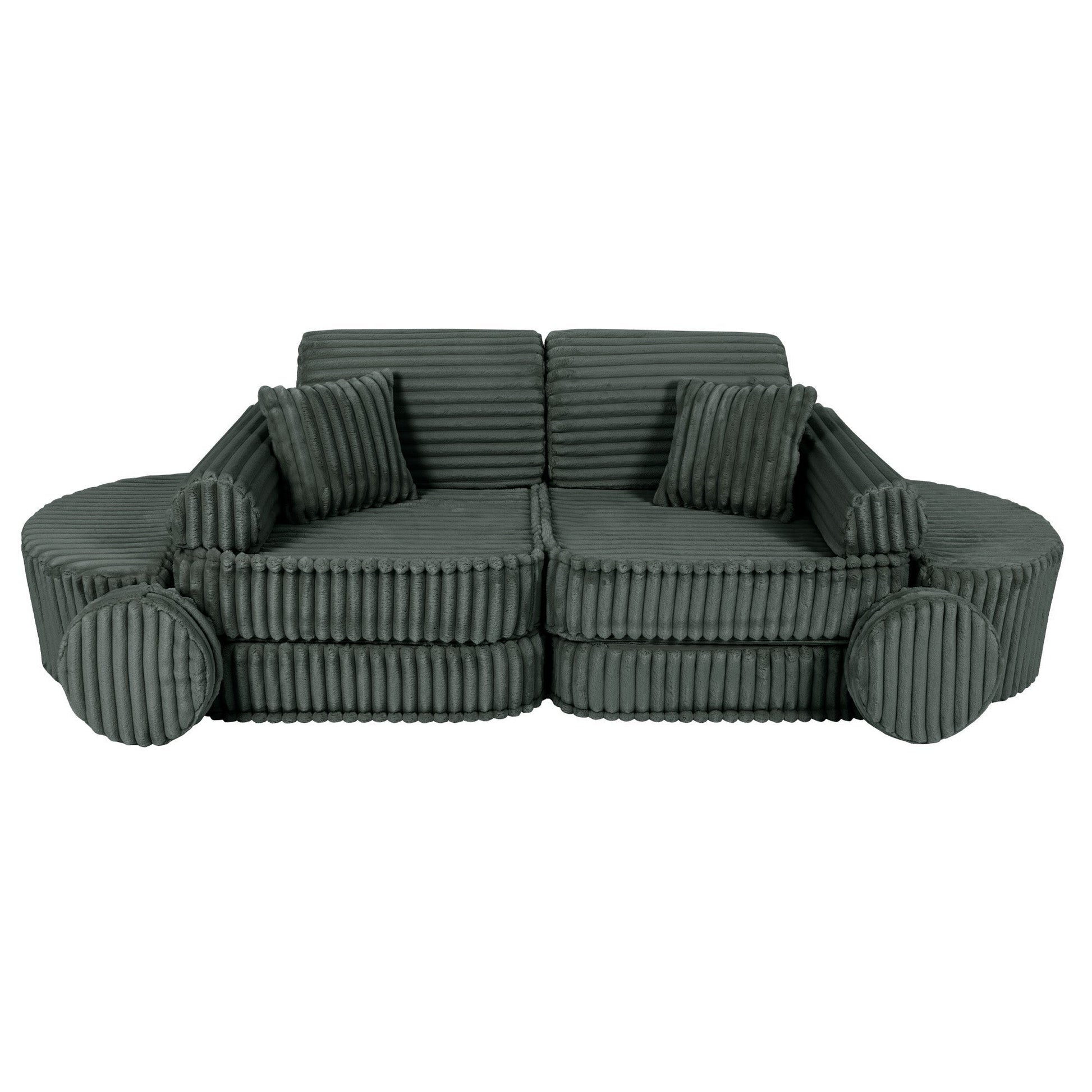 Forest green kids sofa side angle showing textured fabric and customizable layout