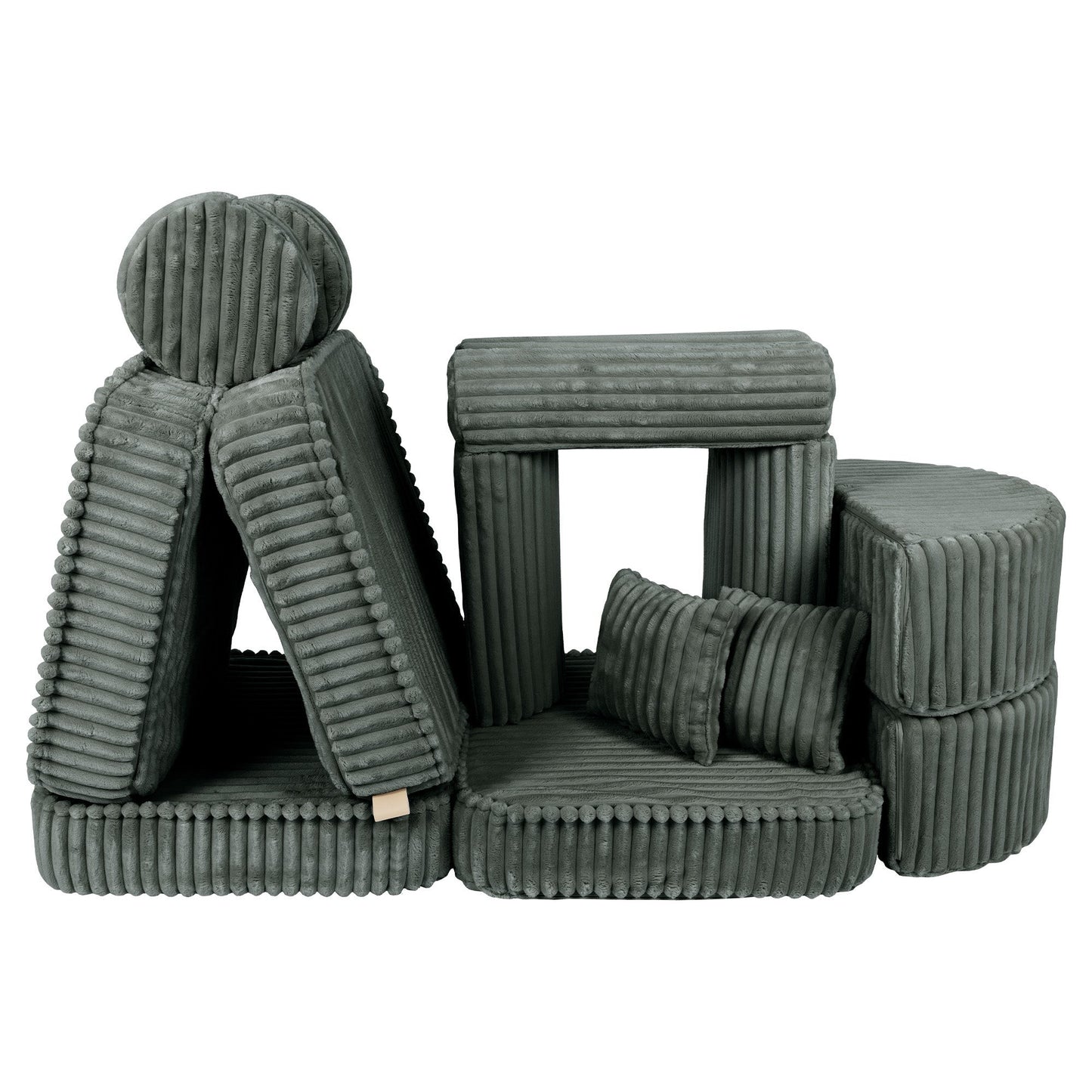 Forest green kids sofa modules separated showing individual pieces for flexible assembly