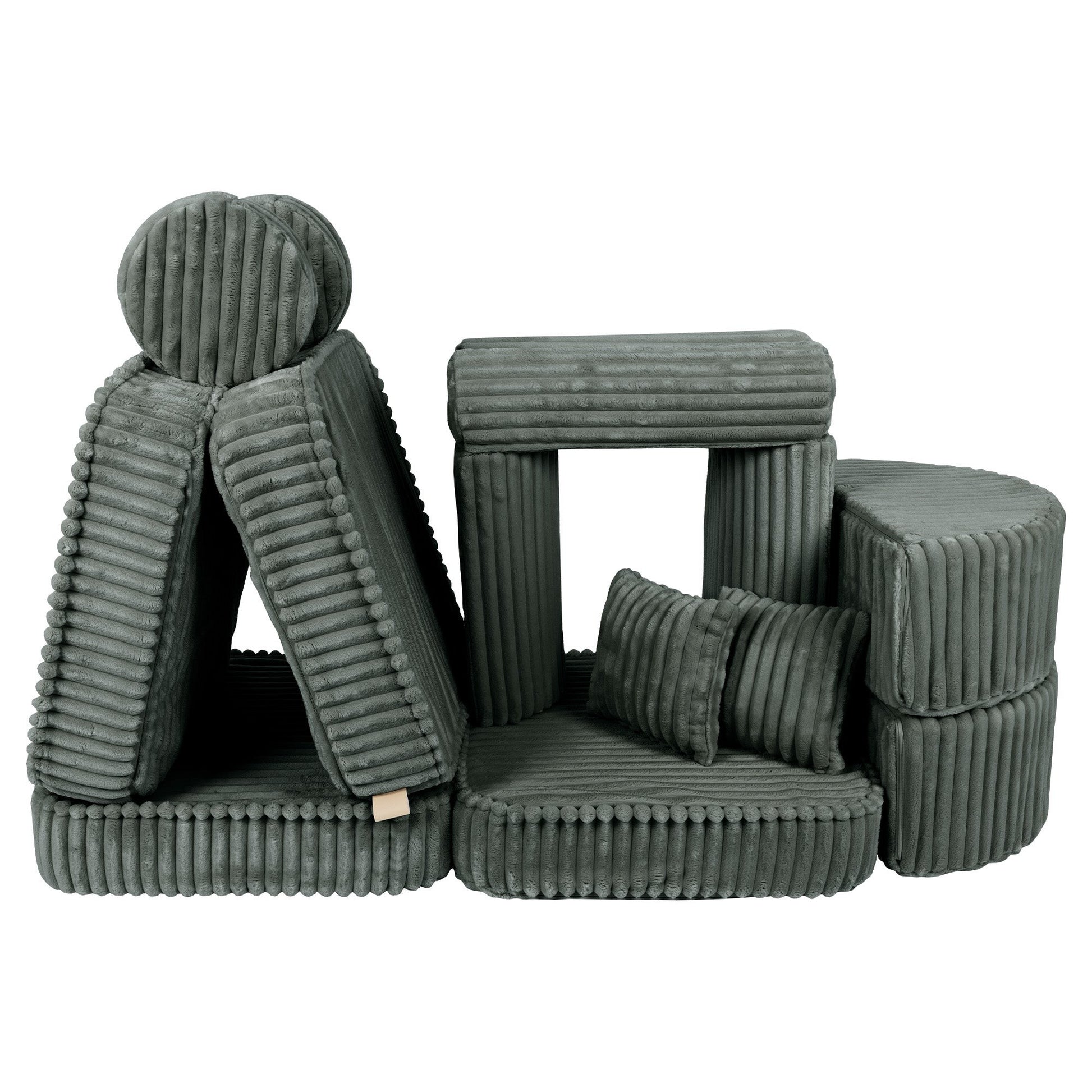 Forest green kids sofa modules separated showing individual pieces for flexible assembly