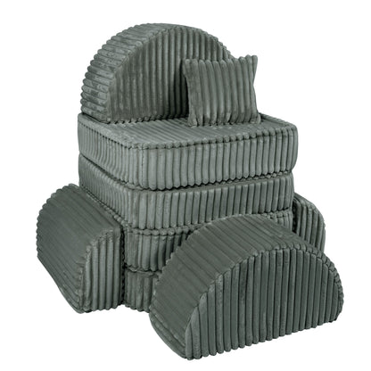 Forest green modular sofa components stacked displaying all cushions and configuration options