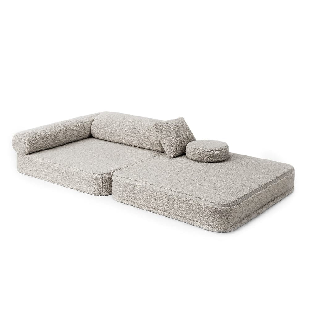 MeowBaby Bearly Kids Chair – 5-Piece Light Grey – lounge chaise configuration with bolster and round pillow | Nestling