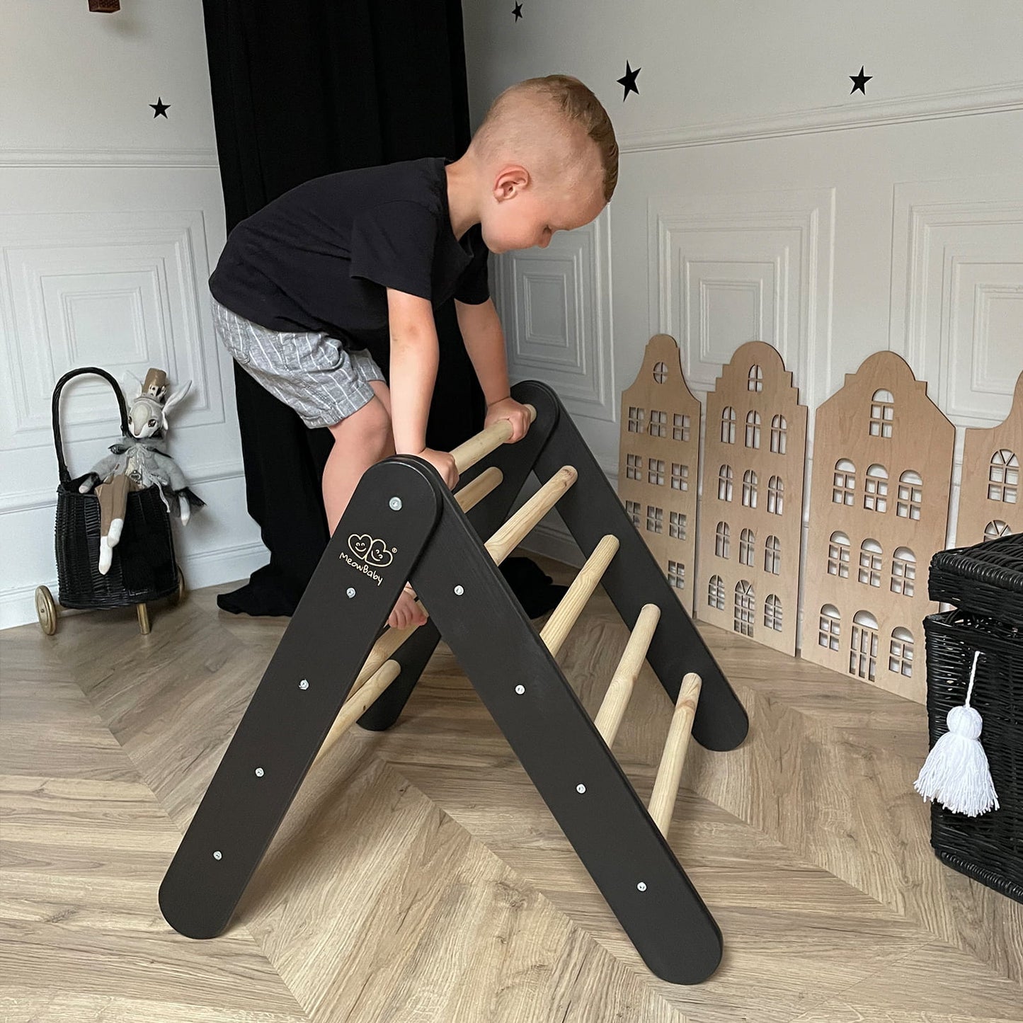 MeowBaby Black Ladder House Kids Playhouse – open tent cover on wooden house frame | Nestling