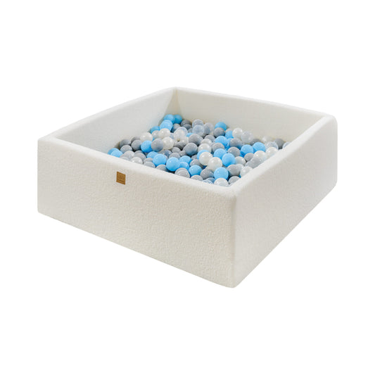 MeowBaby Boucle Square Ball Pit – 110x110cm – white boucle ball pit filled with 400 blue grey white balls | Nestling